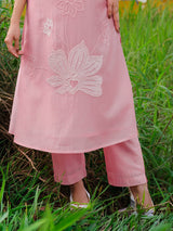 Pink cotton silk straight cut kurti set for festive
