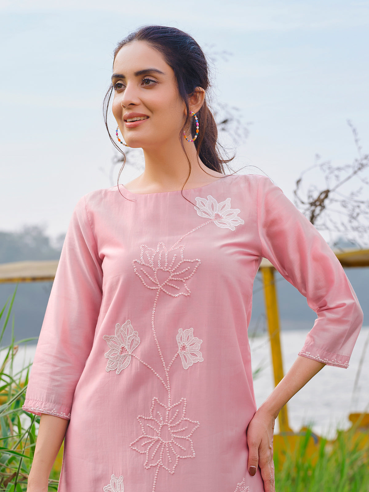 Pink cotton silk straight cut kurti set for festive