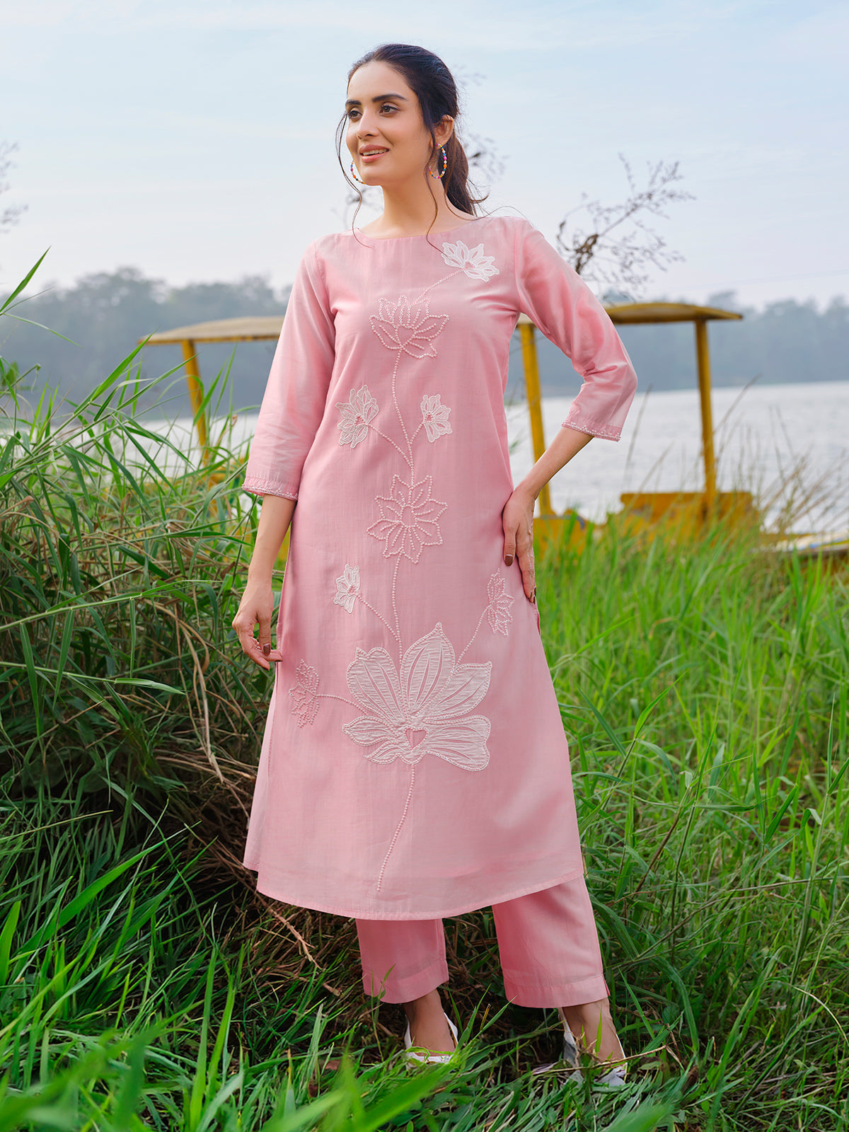Pink cotton silk straight cut kurti set for festive