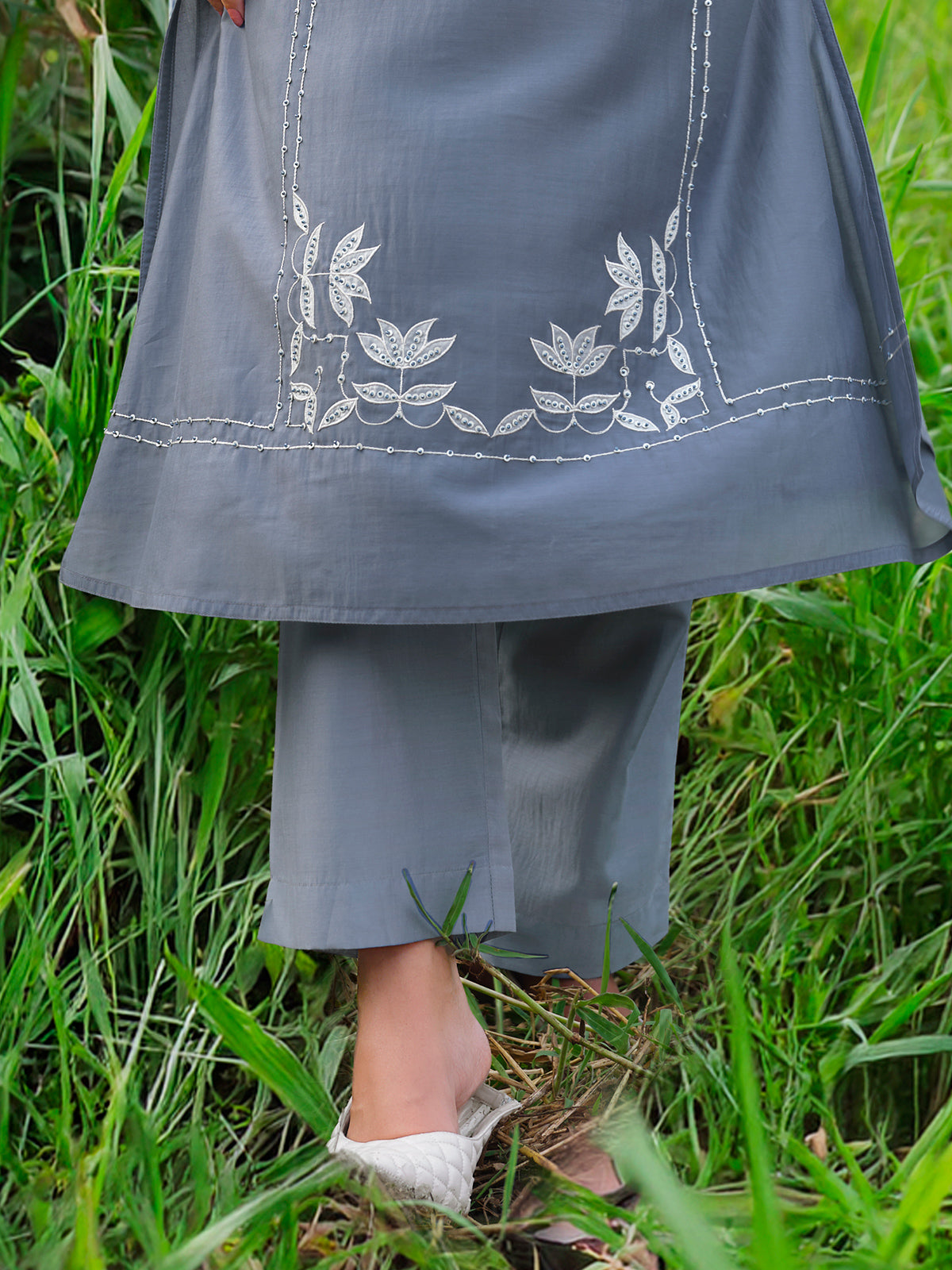 Grey cotton silk yoke style kurti set for festive wear
