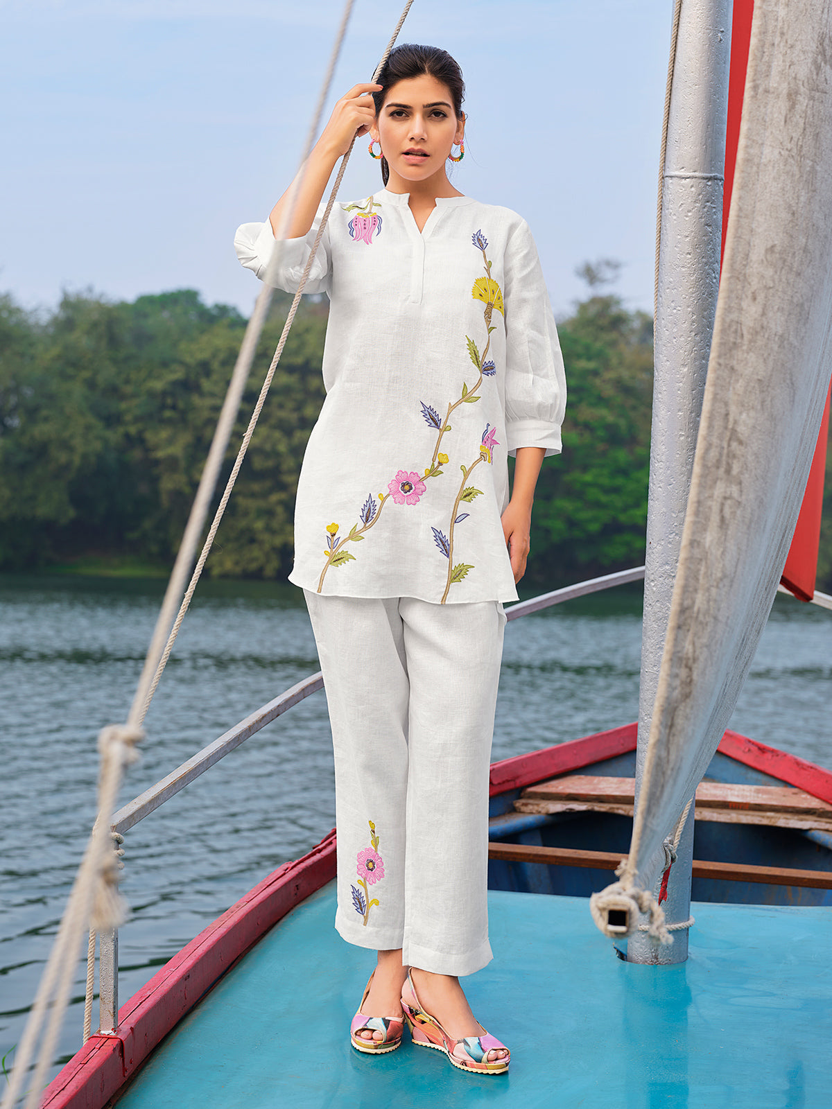 White linen embroidered casual co ord set with stand collar
