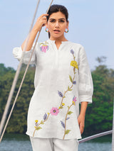 White linen embroidered casual co ord set with stand collar