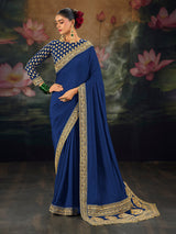 Blue munga silk plain saree with rich embellished border