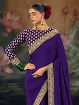 Purple munga silk saree with resham and sequins work