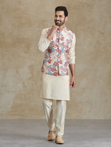 Beige silk resham and printed waistcoat set