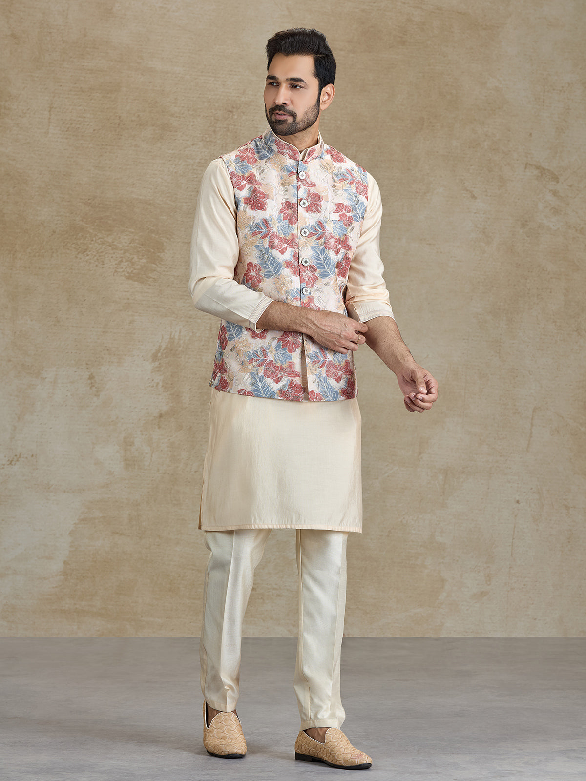 Beige silk resham and printed waistcoat set