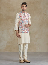 Beige silk resham and printed waistcoat set