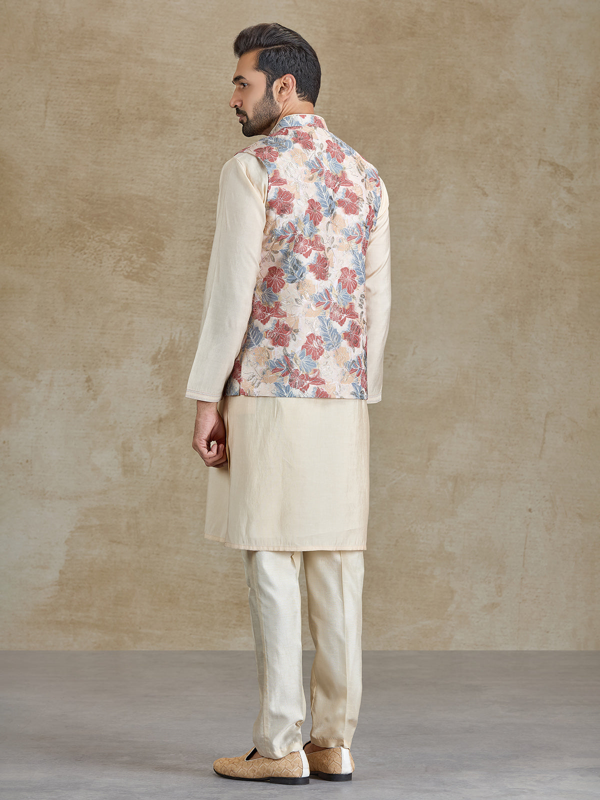 Beige silk resham and printed waistcoat set