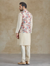 Beige silk resham and printed waistcoat set