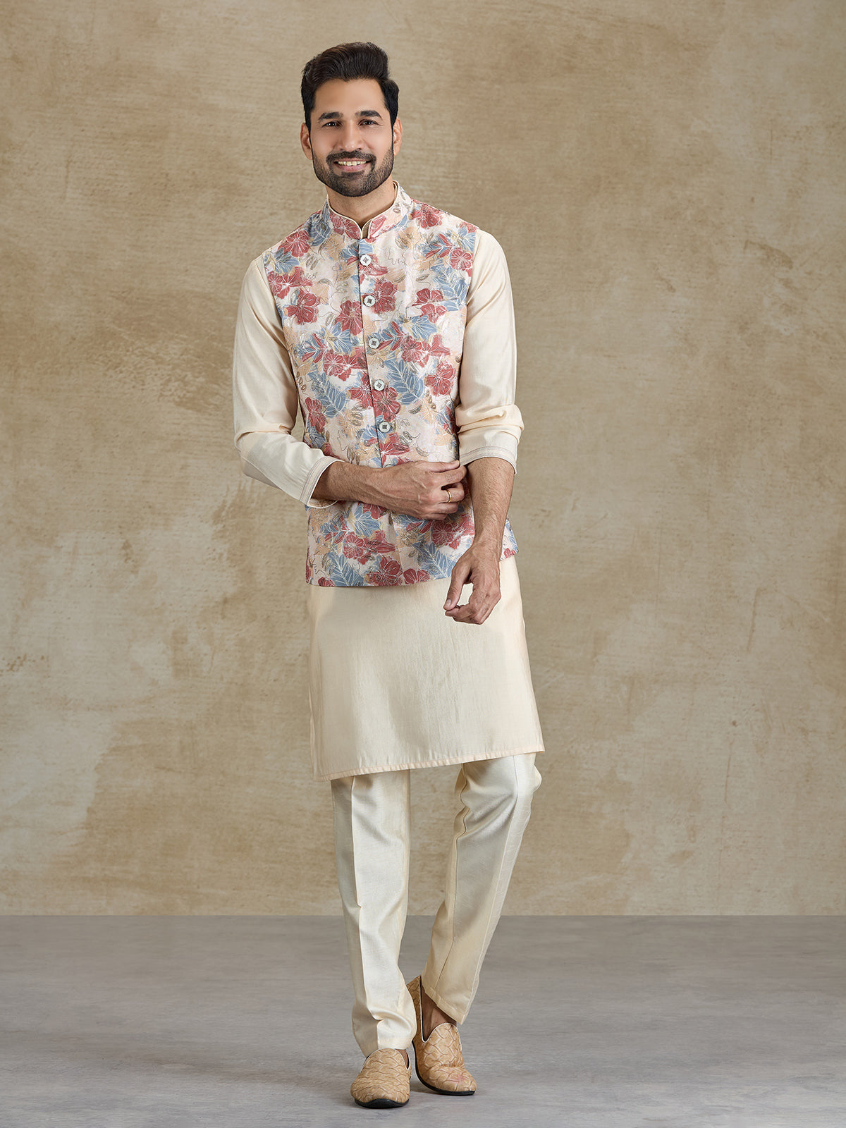Beige silk resham and printed waistcoat set