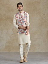 Beige silk resham and printed waistcoat set