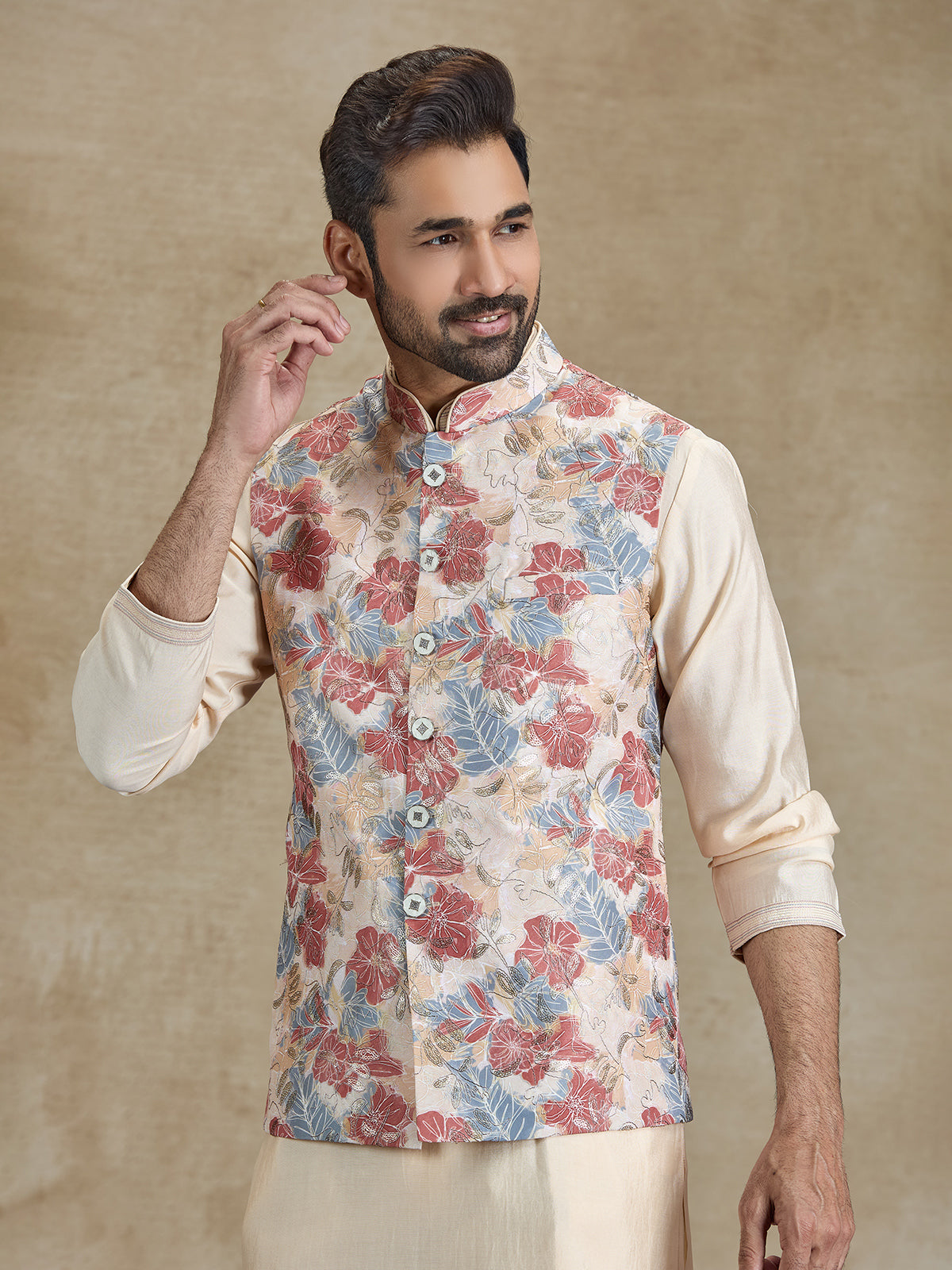 Beige silk resham and printed waistcoat set