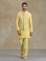 Yellow silk resham and sequins waistcoat set for haldi