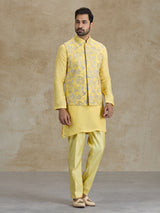 Yellow silk resham and sequins waistcoat set for haldi