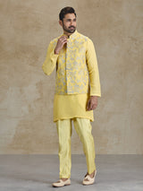 Yellow silk resham and sequins waistcoat set for haldi