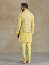 Yellow silk resham and sequins waistcoat set for haldi