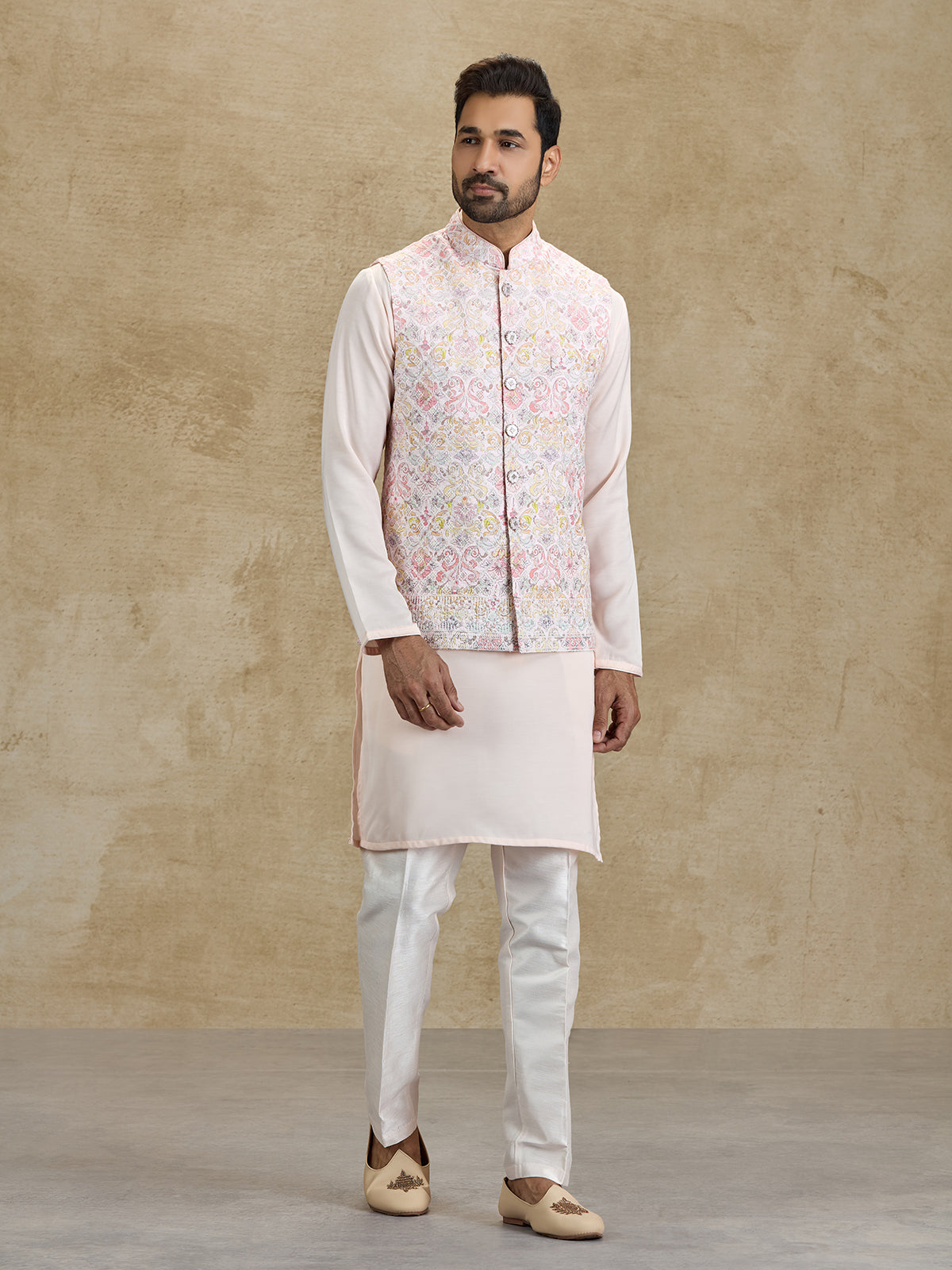 Light pink cotton printed embroidered waistcoat set