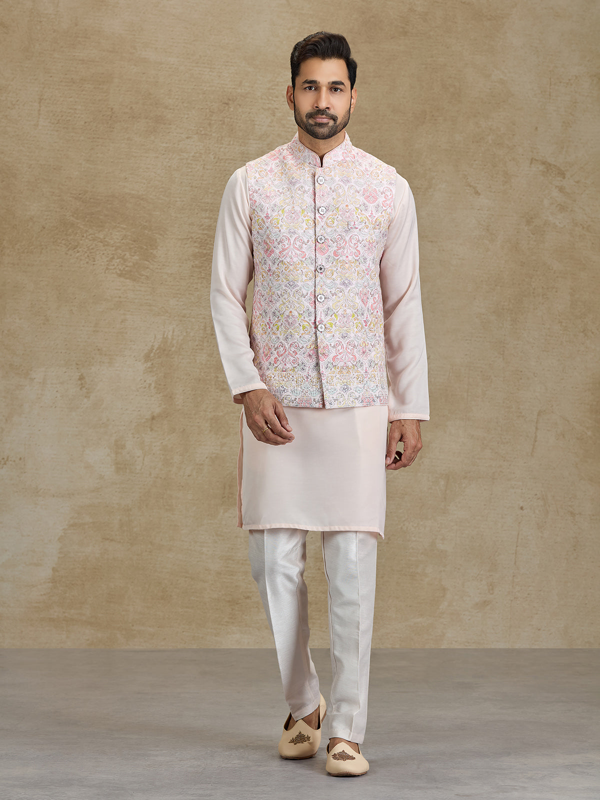 Light pink cotton printed embroidered waistcoat set