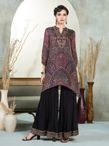 Black silk printed stand collar festive kurti palazzo set