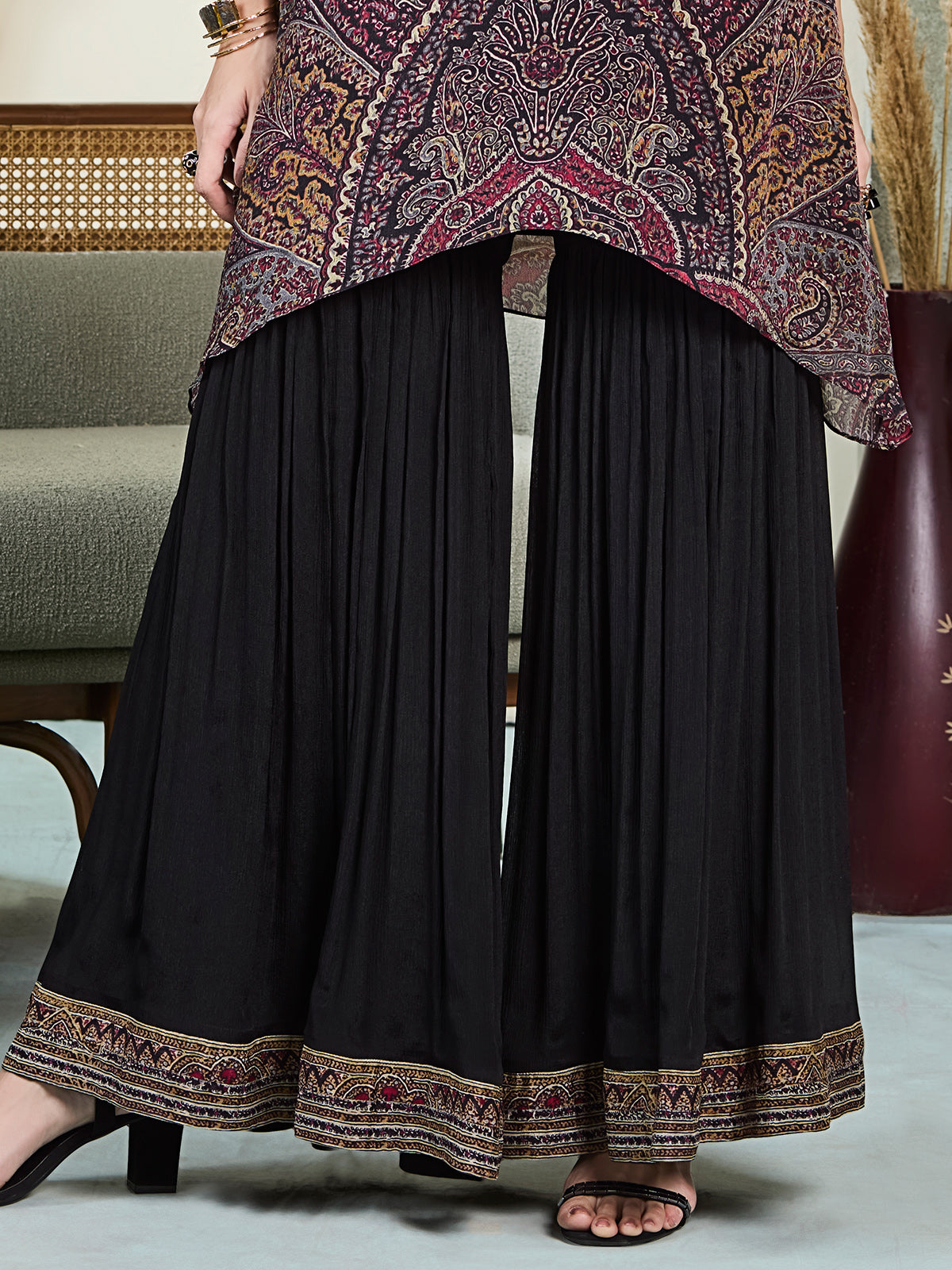 Black silk printed stand collar festive kurti palazzo set