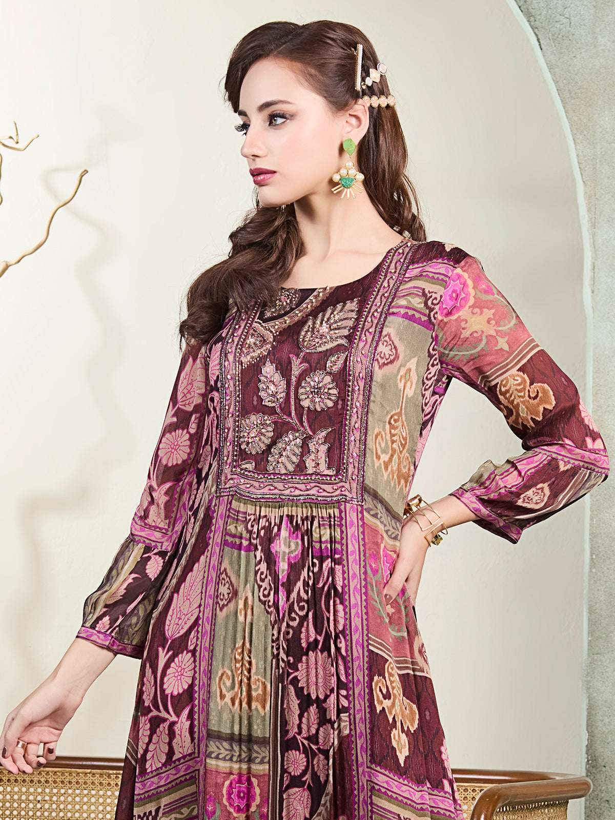 Purple silk printed yoke style festive kurti palazzo set