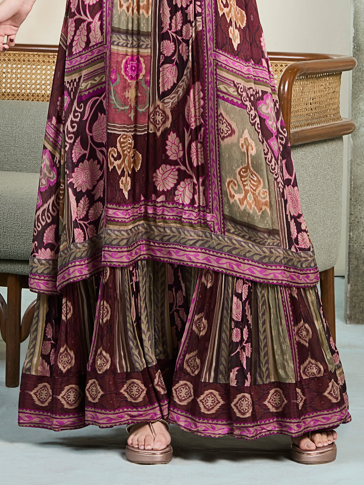 Purple silk printed yoke style festive kurti palazzo set