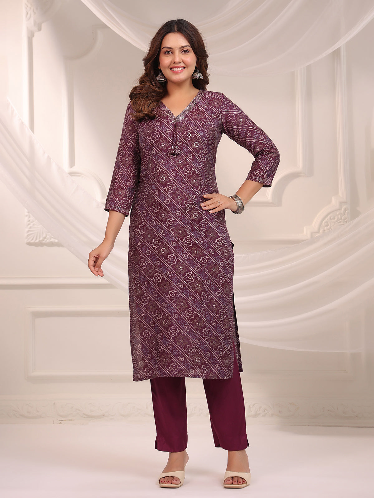 Maroon bandhej printed cotton kurti set