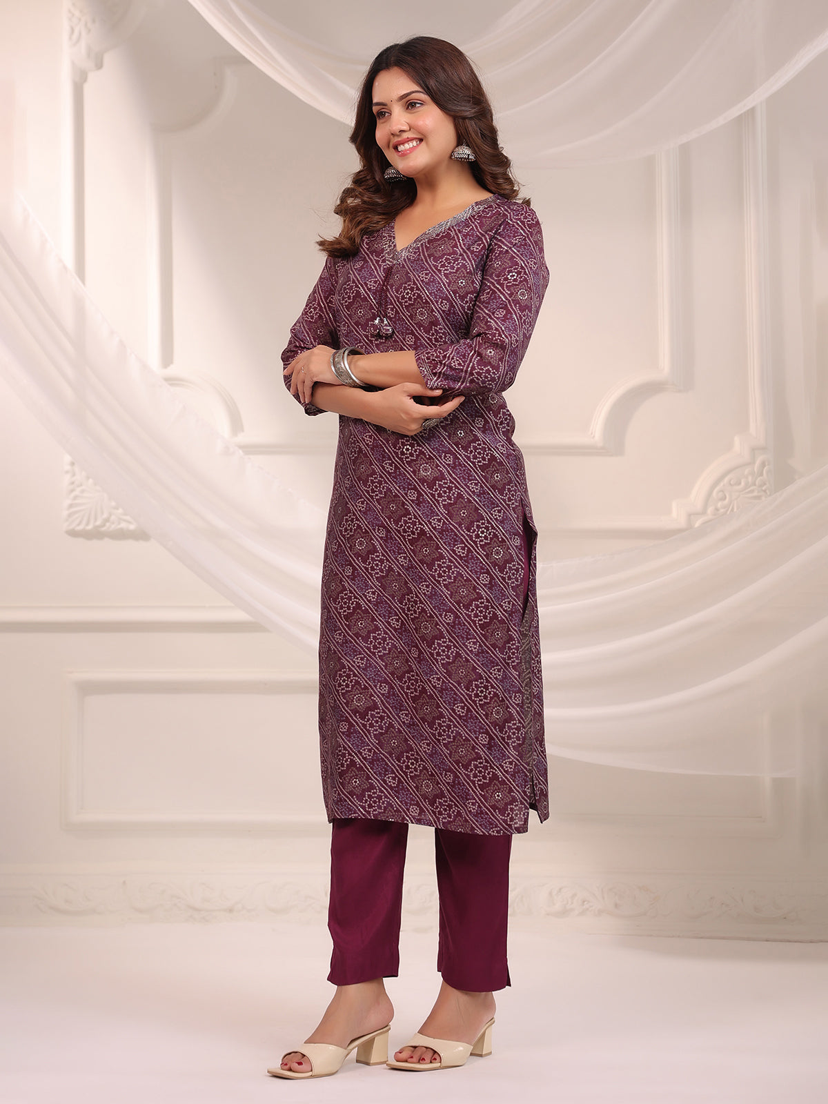Maroon bandhej printed cotton kurti set