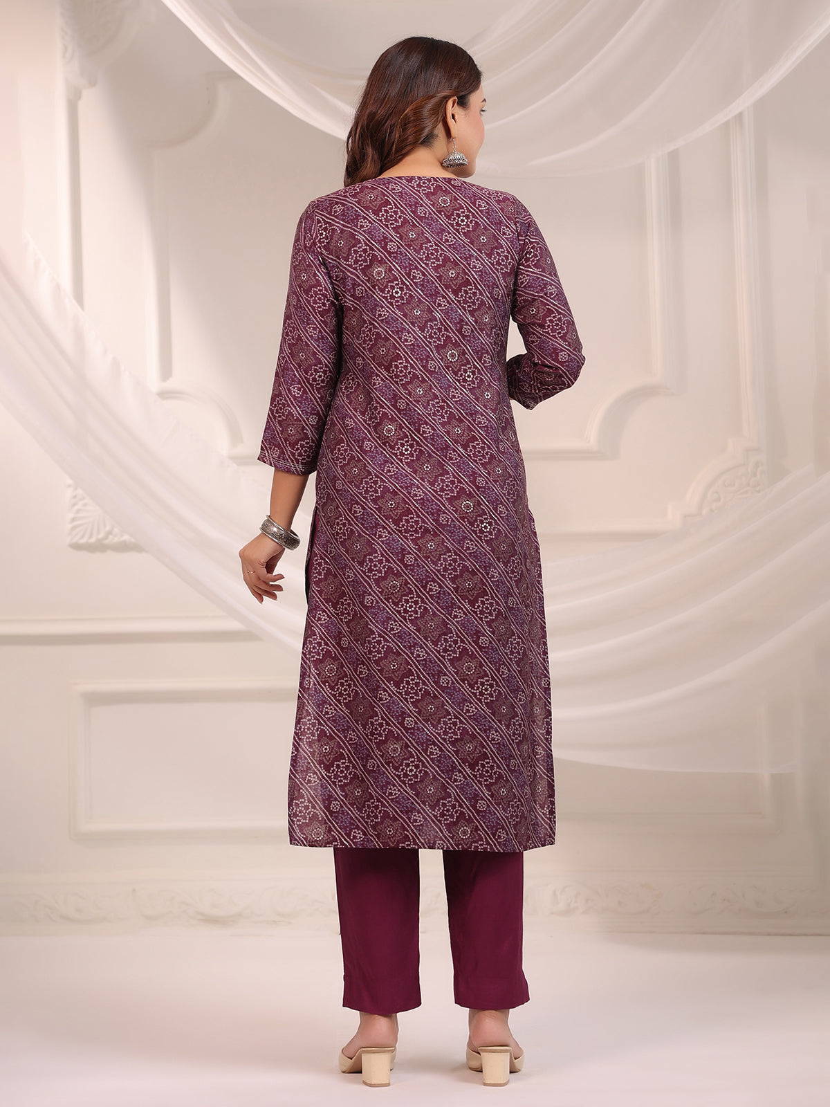 Maroon bandhej printed cotton kurti set