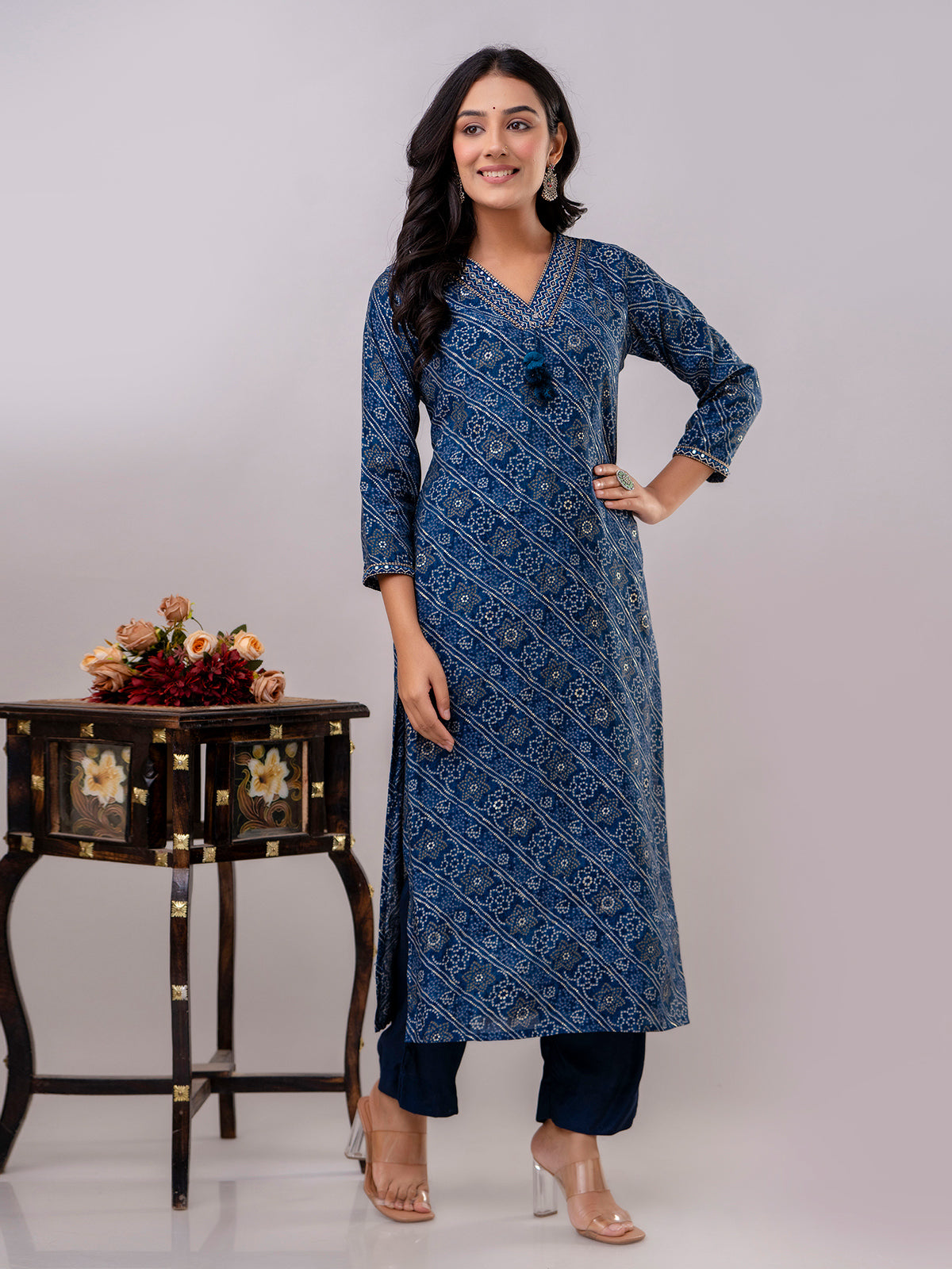 Blue cotton kurti set with bandhej print