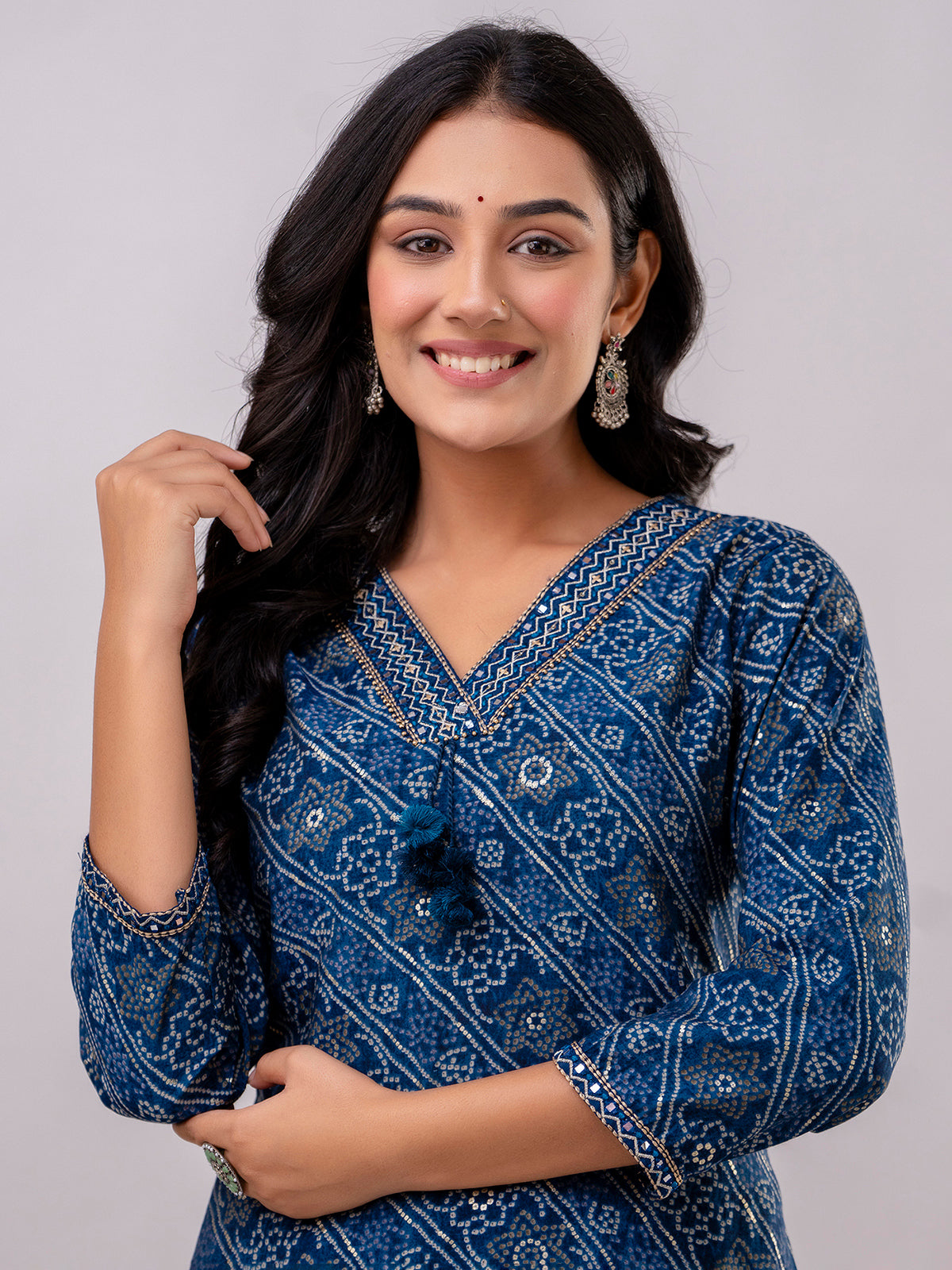 Blue cotton kurti set with bandhej print