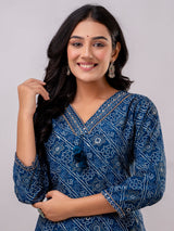Blue cotton kurti set with bandhej print