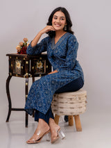 Blue cotton kurti set with bandhej print