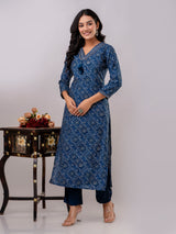 Blue cotton kurti set with bandhej print