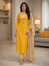 Yellow festive wear cotton kurti set with printed dupatta