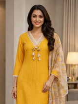 Yellow festive wear cotton kurti set with printed dupatta