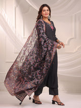 Black cotton silk plain kurti set with printed dupatta