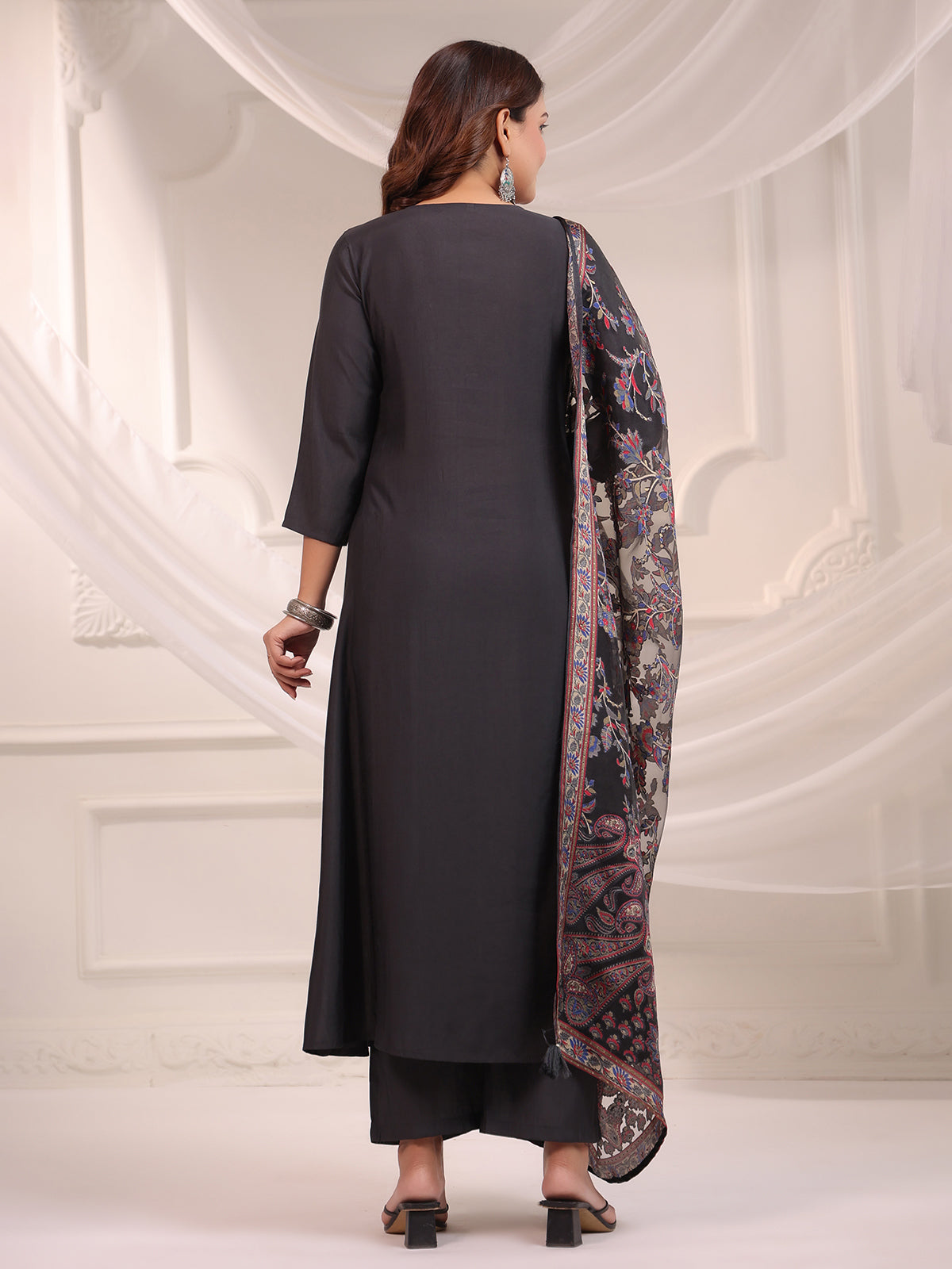 Black cotton silk plain kurti set with printed dupatta