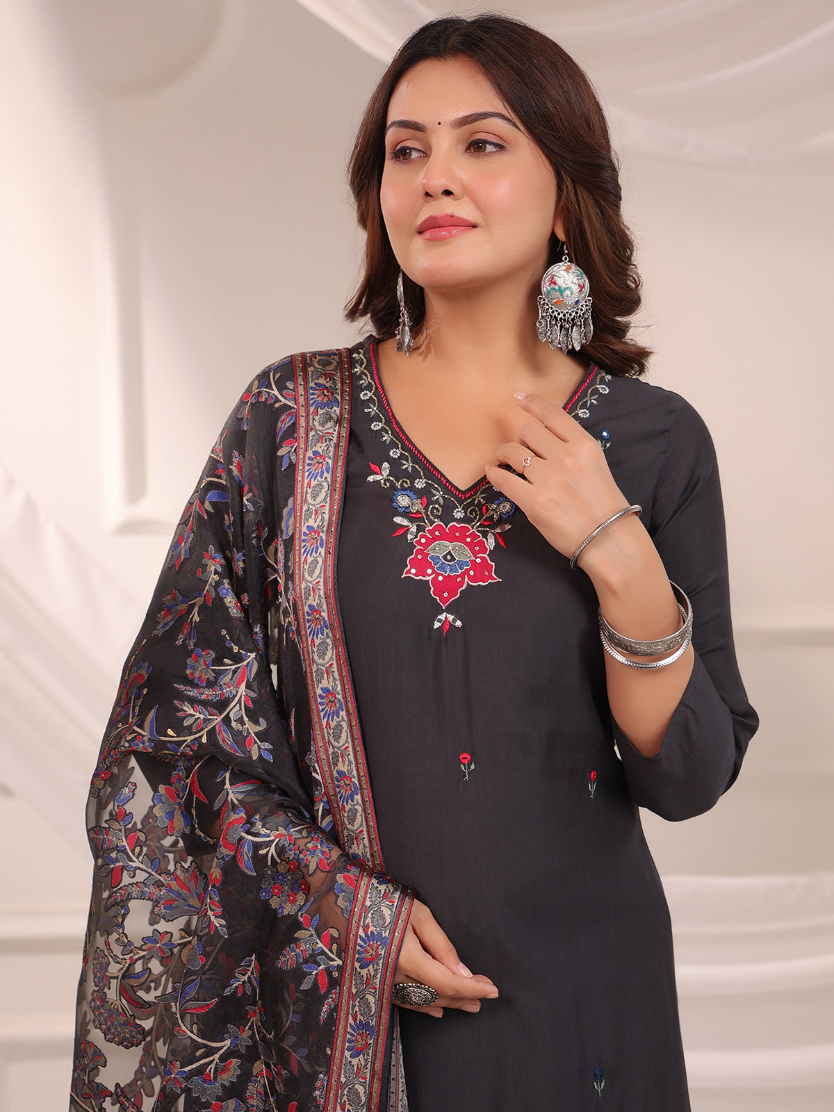 Black cotton silk plain kurti set with printed dupatta