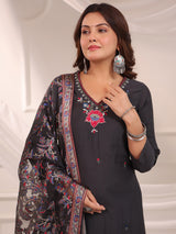 Black cotton silk plain kurti set with printed dupatta