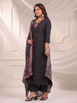 Black cotton silk plain kurti set with printed dupatta