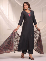 Black cotton silk plain kurti set with printed dupatta