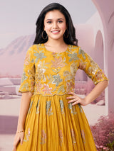 Mustard yellow wedding wear gown with sequin detailing