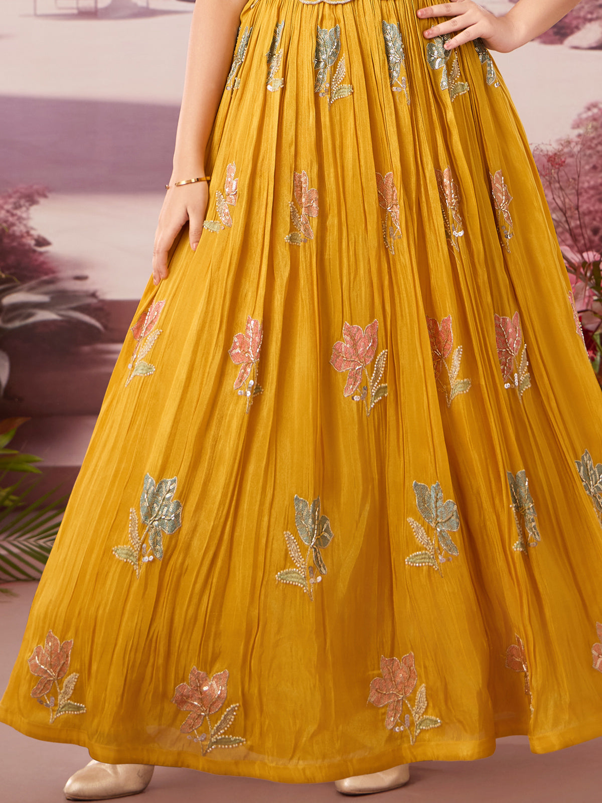 Mustard yellow wedding wear gown with sequin detailing