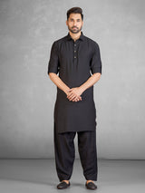Classic black cotton blend pathani suit with pocket