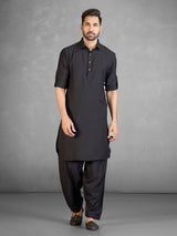Classic black cotton blend pathani suit with pocket