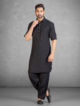 Classic black cotton blend pathani suit with pocket