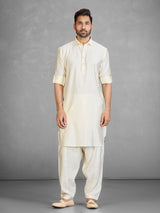 Elegant cream cotton blend pathani suit with pocket
