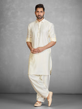 Elegant cream cotton blend pathani suit with pocket