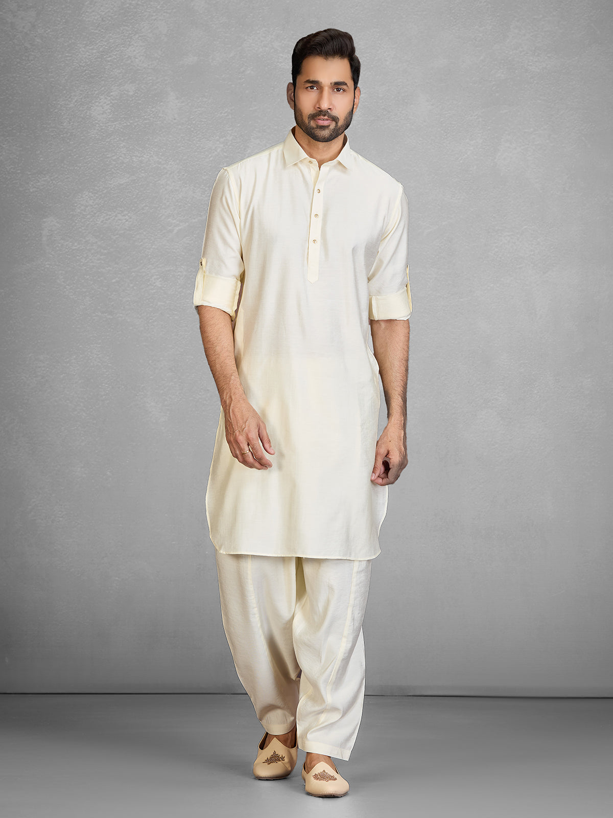 Elegant cream cotton blend pathani suit with pocket